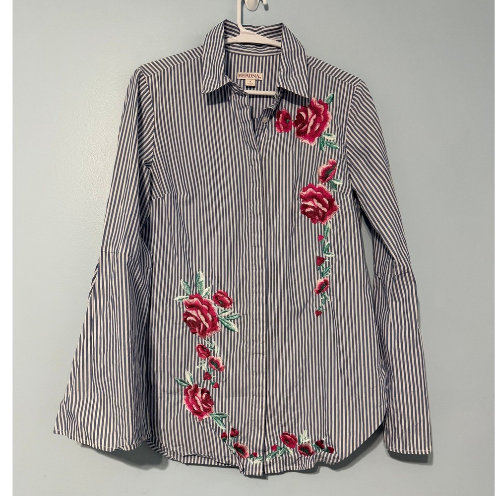Merona Women's S Blue White Striped Floral Embroidered Bell Sleeve 1113